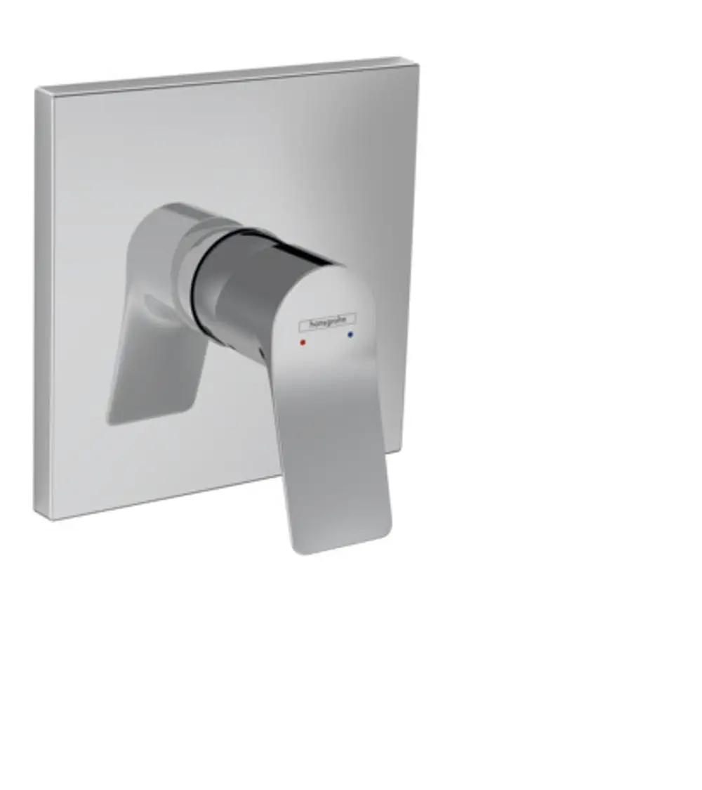 Unterputz-Brausemischer in Chromoptik von Hansgrohe mit einem Hebel zur Temperatur- und Durchflussregulierung. Farbmarkierungen für warmes und kaltes Wasser.